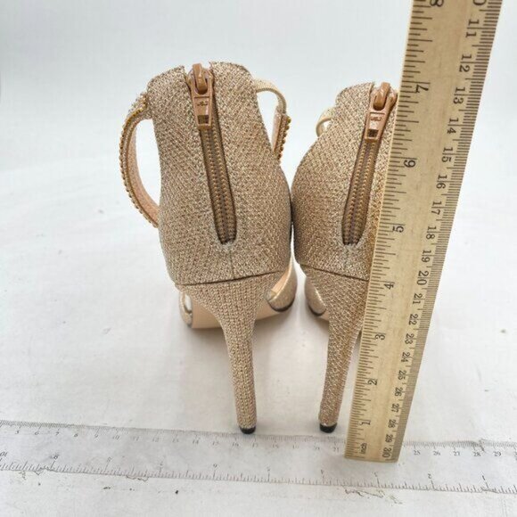 XYD Beige Glitter Open Toe Rhinestones Ankle Strap Sandals High Heel Bridal Shoe - Picture 5 of 8